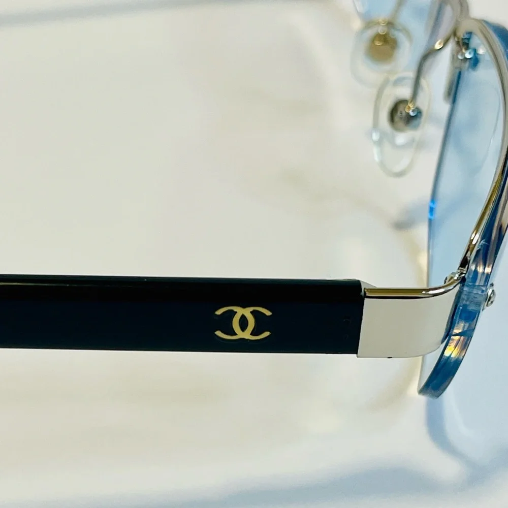 CHANEL 9221 Rimless Eyeglasses Frame Blue Lens Black Gold CC Unisex Made Italy - Picture 6 of 16